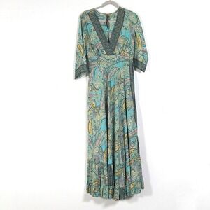 ME 2 MAGIC Maxi Dress Womens Sz L Green Paisley 3/4 Sleeve Bohemian